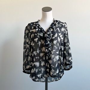 Anthropologie HD in Paris People Pattern Button Down Ruffle Blouse Black 12P